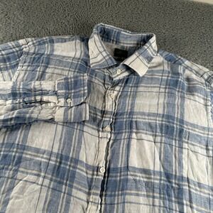 Sid‎ Mashburn Shirt Mens XL Blue White Plaid Linen Blend Button Up Long Sleeve